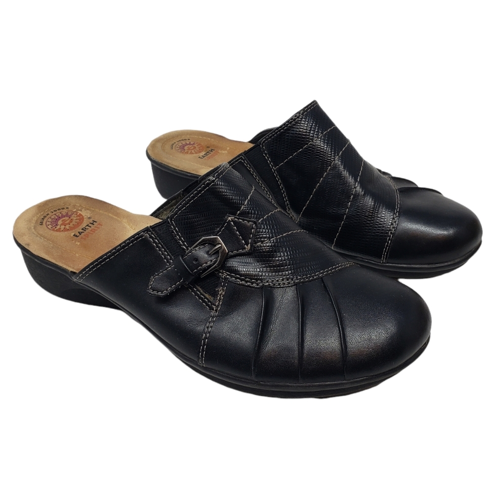 Earth Spirit Gelron Clogs Mules Size 11 Black Slip On Flats Silver‎ Buckle Comfy